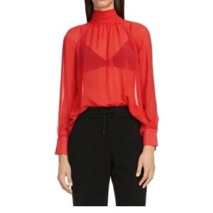 KENZO High Neck Red Sheer Tie Back Tunic Blouse NWT Sz 42/US12/L